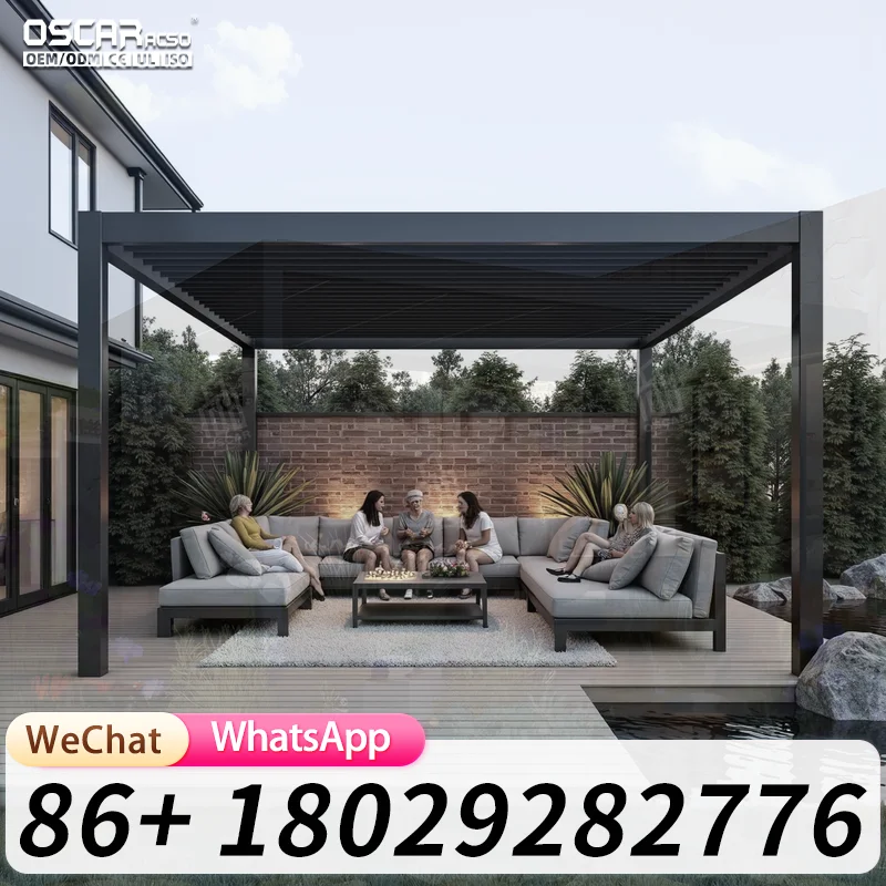 Modern Motorized Aluminum Pergola with Louvered Wind Resistant Roof Zip Screen LED Lights for Home Patio Deck pergola