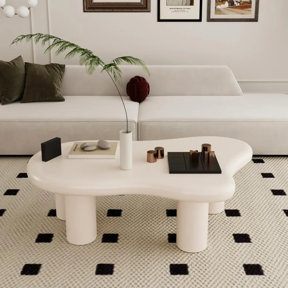 47 Inch Cloud Coffee Table, Cute White Coffee Table with 4 Solid Legs, Cream Coffee Table for Office and Apartment