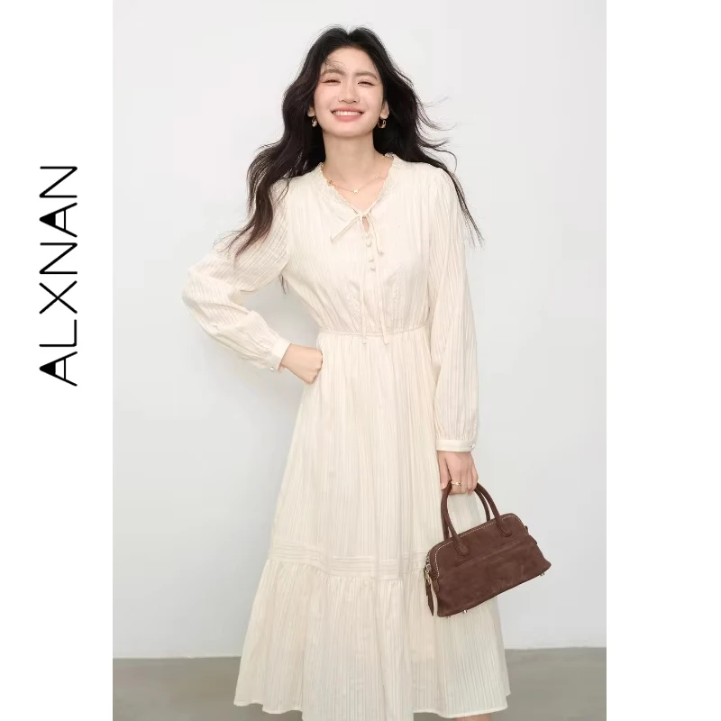 

ALXNAN Long-sleeve Dress Autumn Tie-front Buttoned Waist-cinched Slim Long Dress Elegance Gentle Versatile A-line Dress L57202