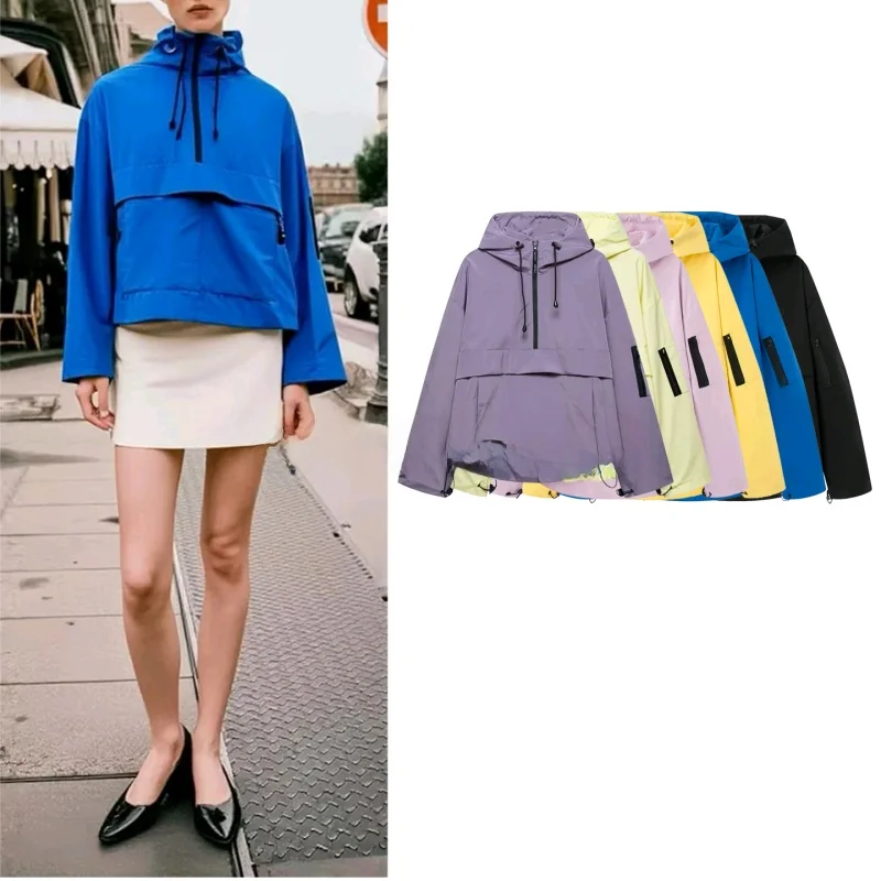 

New Autumn Casual Loose Fit Long Sve Hooded Stand Collar Women's Jaet Outdoor Windbreaker Coat Sli Polyester Fiber