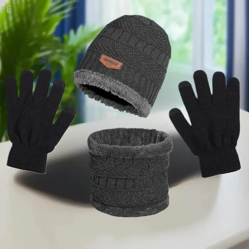 

[F] 3-Piece Winter Men's Hat Set Scarf Gloves And Neck Warmer All In One Fleece-Lined Knitted Hat