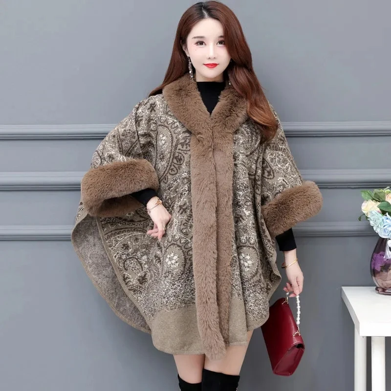 Autumn Winter Thick Imitation Rabbit Fur Cape Women Large Size Loose Tassel Knitted Outerwear Ladies Cardigan Wool Cloak Shawl