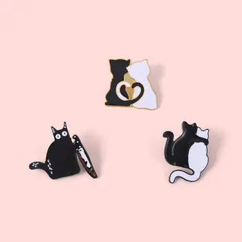 Broche de 3 piezas para hombres y mujeres, adorno en el pecho, colección de animales de dibujos animados, gato blanco y negro, forma de abrazar