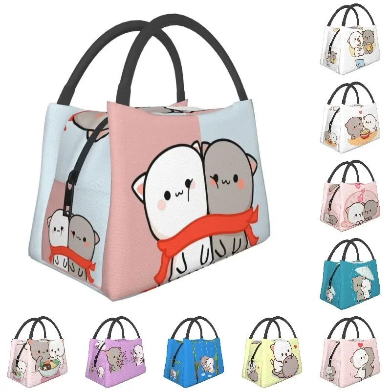 

Valentine Day Mochi Cat Peach And Goma Insulated Lunch Bags for Women Portable Thermal Cooler Bento Box Beach Camping Travel