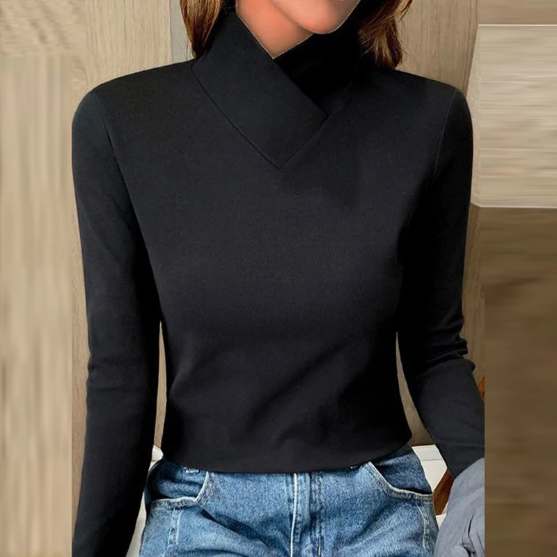 Spring Autumn Basic Shirt Women Elegant Turtleneck Long Sleeve Casual T-shirts Fashion Women Office Shirt Tops White