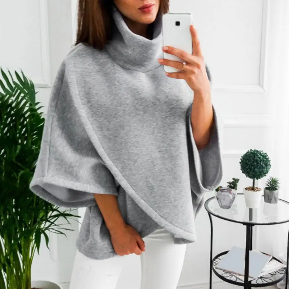 

Pullover Tops Fashion Women High Neck Batwing Crossed Poncho Winter Warm Coat Cloak Cape Solid Loose Streetwear Hot