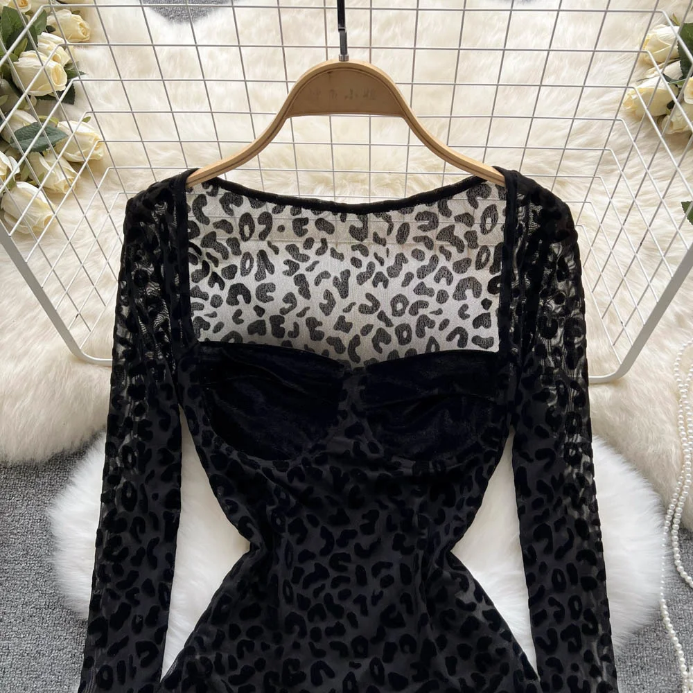 Sexy See Through Mesh Bodysuit for Women Black Square Collar Long Sleeve Skinny Velvet Body Tops Club Party Bodysuits