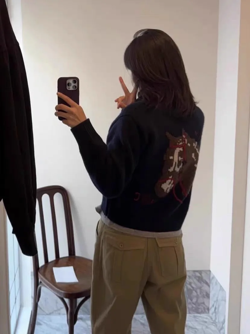 

Heavyweight Knitted Sweater Coat Deep Blue Fem Model Small Pattern Korean Sle Long Sve Loose Fit Daily Wear