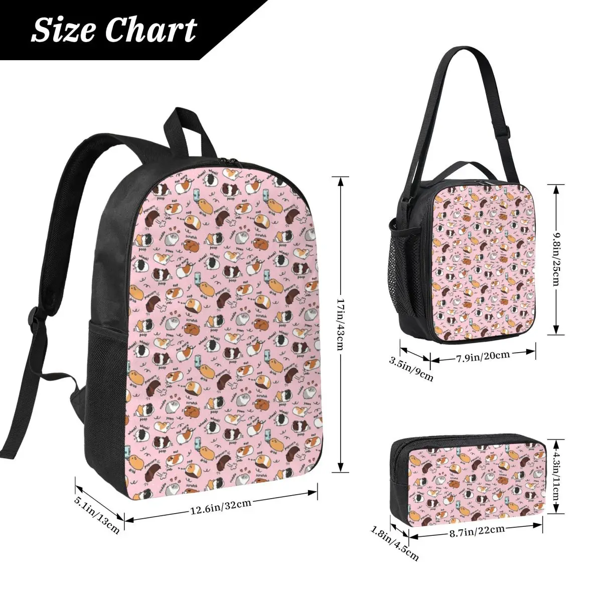 Guinea Pig Daily To-Do List Backpack Student Boys Girls BookBag School Bag Shoulder Bags 3ps Insulated Lunch Bag Pencil Case