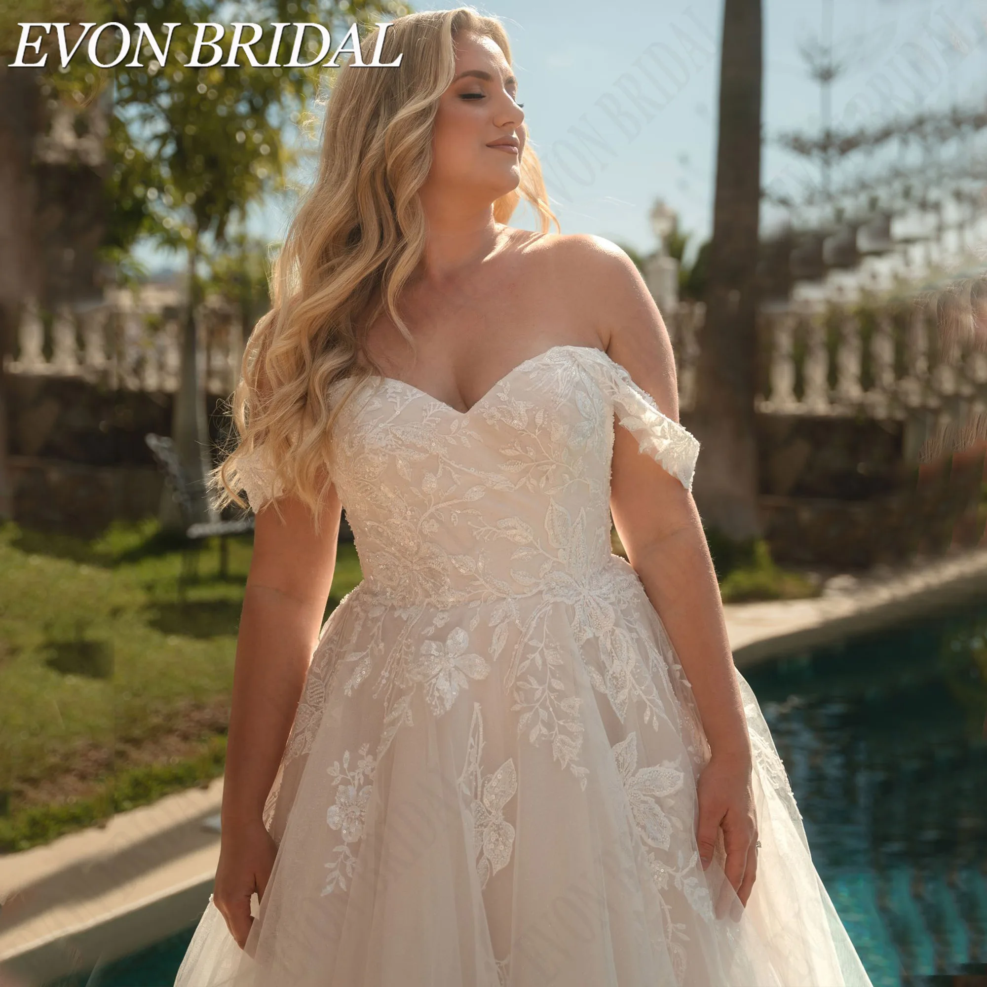EVON BRIDAL Sequined Lace Appliques Customized Wedding Dress Plus Size Sweetheart Neck Tulle Bride Dresses A-Line Bridal Gown