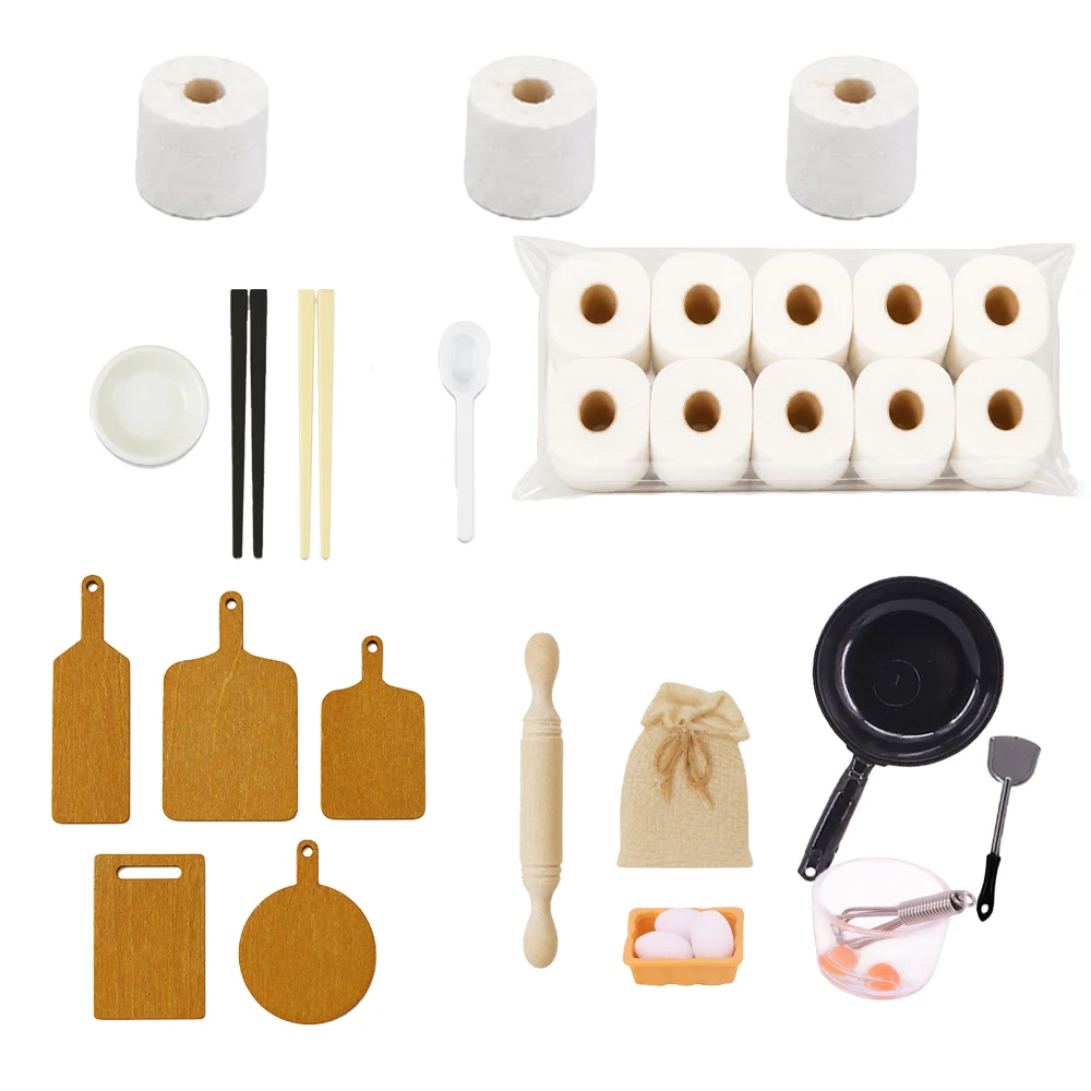 Cute 1/12 Dollhouse Kitchen Set, Felt Cutting Boards Pan Egg Model Paper Rolls Dollhouse Cooking Pretend Play Gift