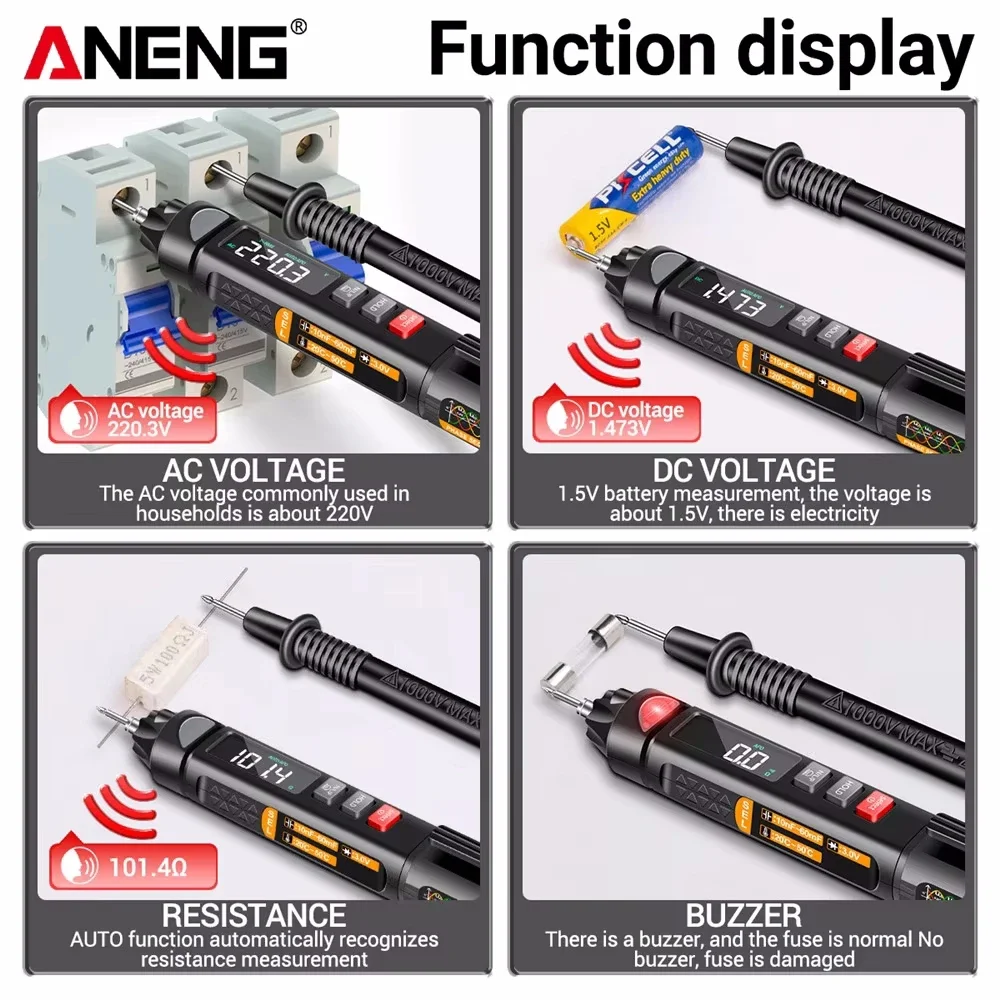 ANENG A3009 AC/DC Voltage Tester 6000 Counts OHM Voltage Capacitance Meter VA Color Reverse Display for Diode/Continuity Testing