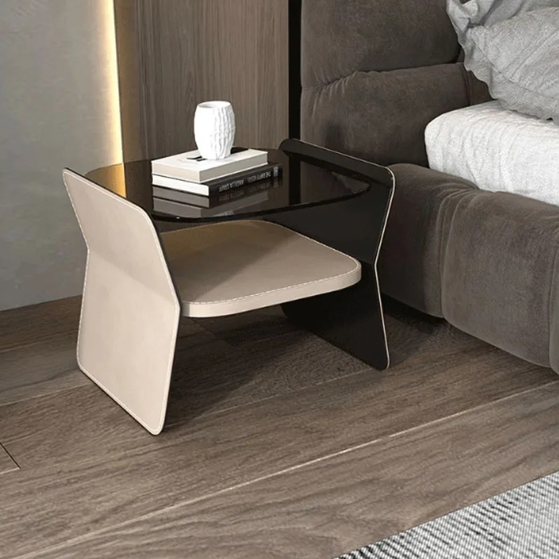 

Modern saddle leather stripes with tempered glass bedside tables