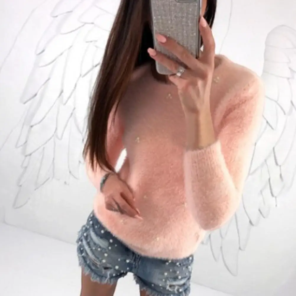 

Chic Winter Sweater Long Sleeve Skin-Touch Sweater Jumper Imitation Pearls Decor Fuzzy Knitted Pullover Sweater