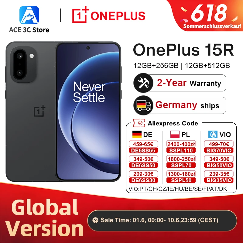 Smartphone OnePlus 15R version internationale 5G, 12 Go + 256 Go, 12 Go + 512 Go, Snapdragon 8 Gen 5, batterie de 7 400 mAh, écran 165 Hz, IP69, noir