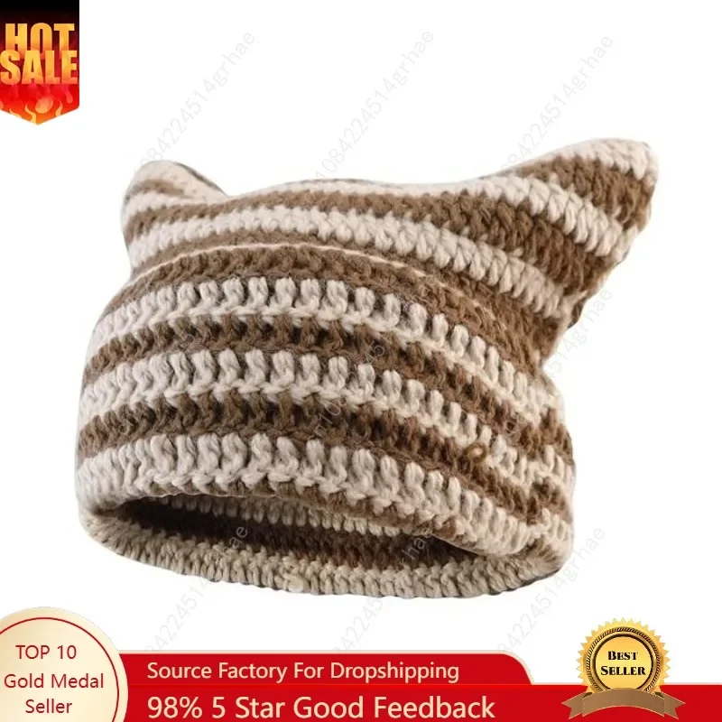 Cat Ear Beanie for Women Men Crochet Hat Knitted Hat Cute Hat Beanie Y2k Winter Cap Slouchy Beanie Kitsch Bonnet