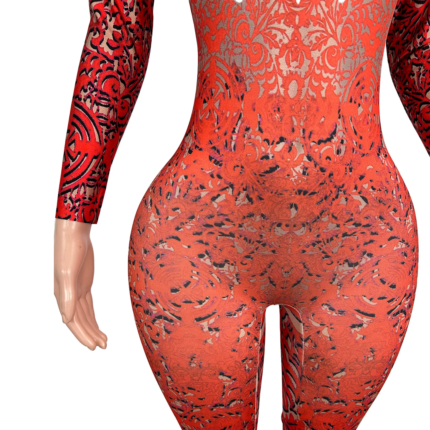 레드 패턴 라인스톤 무대 공연 점프수트 여성 드랙퀸 페스티벌 의상 클럽 의상 스판덱스 롬퍼 댄스 플레이수트