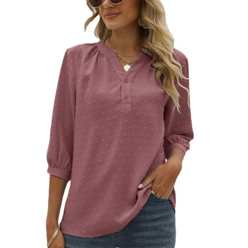 2026 V-neck Solid Color Loose Long-sleeved Spring Summer New Versatile Tops T-shirt Women's Jacquard Shirt Half-button Loose Top