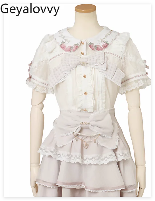 

Новая японская женская блузка в стиле Лолита с клетчатым бантом и вышивкой клубники, с коротким рукавом, весна-лето, милый топ для девушек