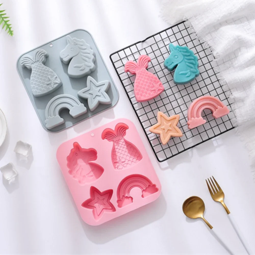 4 Holes Star Rainbow Silicone Chocolate Moulds Unicorn Jelly Biscuit Molds Mermaid Scented Candle Birthday Party Decor Soap Gift