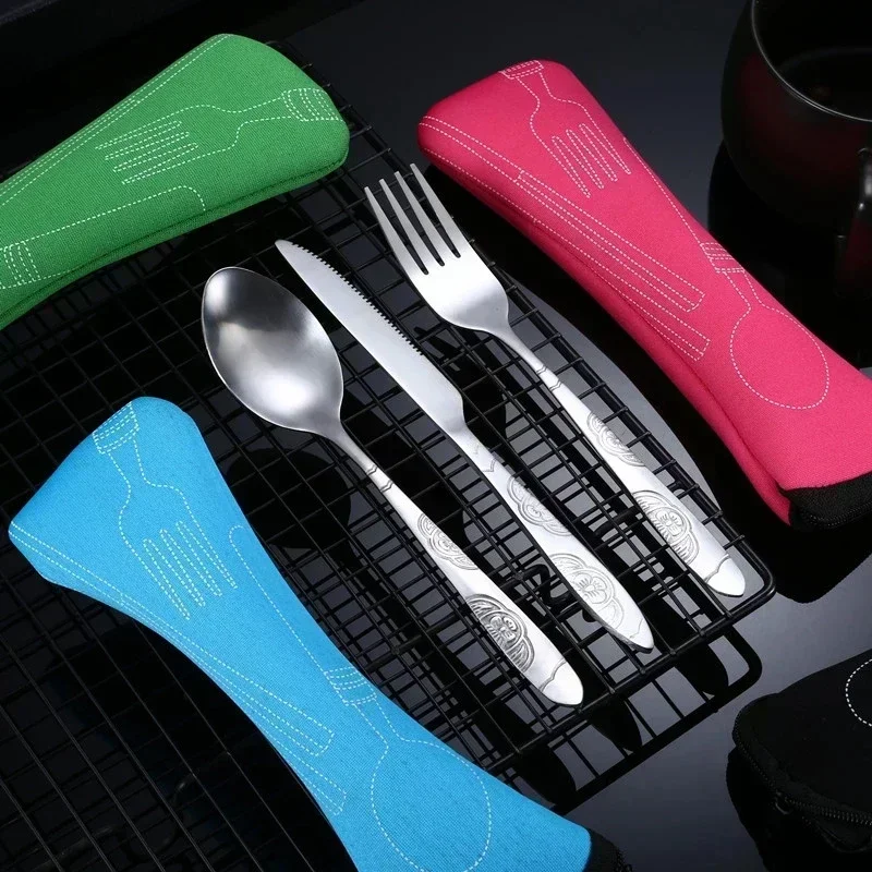 3 Stück tragbarer Edelstahl Steak messer Gabel Löffel im westlichen Stil komplettes Geschirrset für den Heimgebrauch Outdoor-Reise besteck