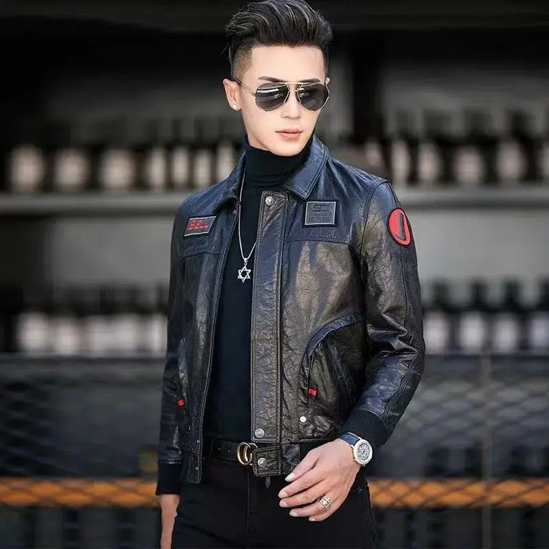 Genuine Leather Jacket Man Sheepskin Spring Autumn Winter Oil Wax Leather Lapel Letter Embroidery Motorcycle Clothes Man 2025