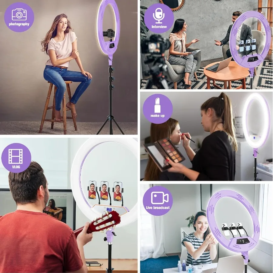 ไฟวงแหวน 22 นิ้ว พร้อมขาตั้งปรับระดับได้ และขาตั้งกล้อง 75 ซม. สำหรับ iPhone iPad พร้อมจอ LCD คลิปหนีบโทรศัพท์/แท็บเล็ต 4 ตัว พอร์ต USB 2 ช่อง 2600K65