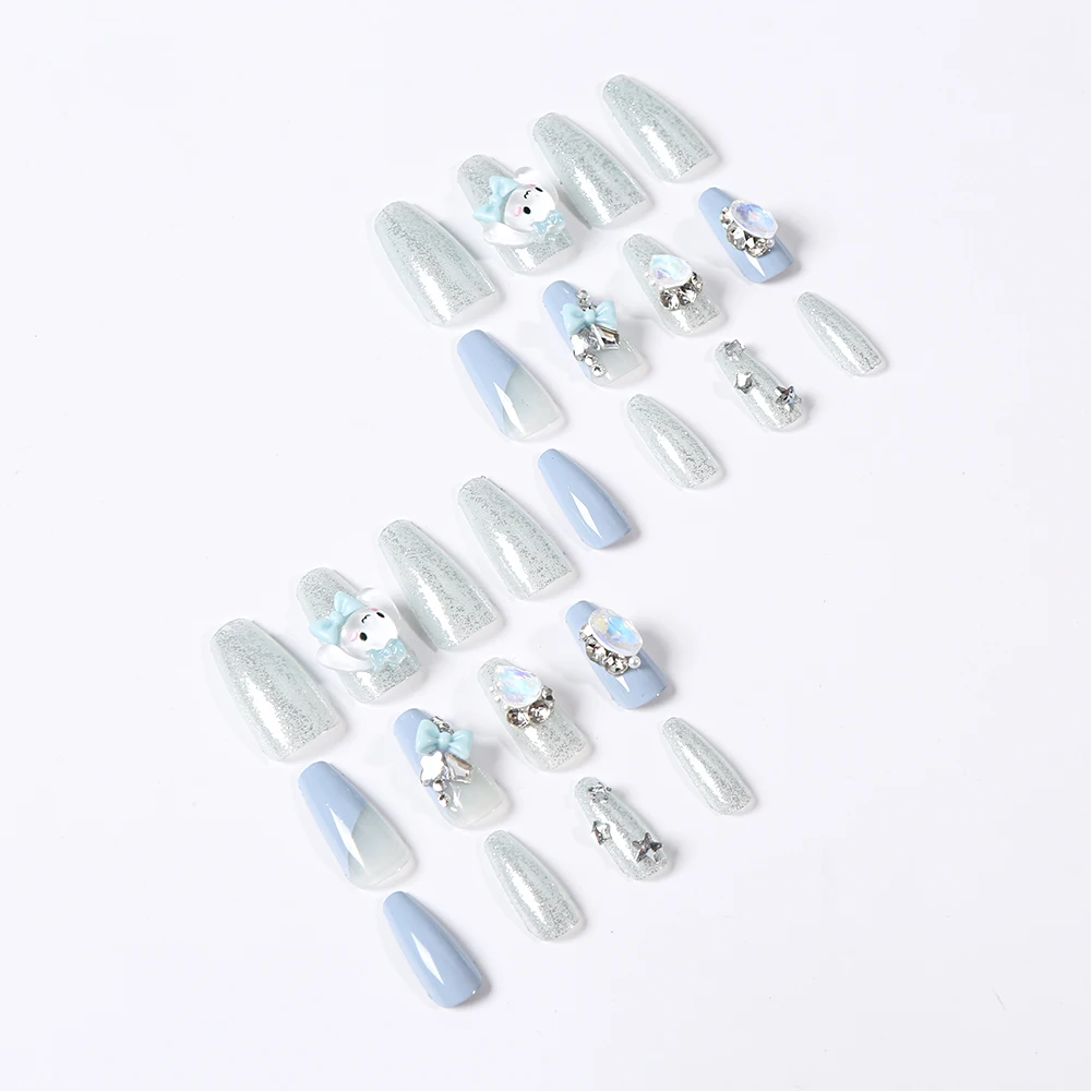 24Pcs/box Cinnamoroll Glitter Press on Nails with Opal Gems Y2K Blue Bow Charms Manicure Patch Fake Nails Detachable False Nails