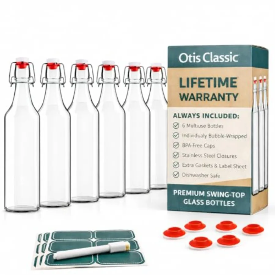 

Swing Top Glass Bottles - Set of 6, 16oz w/Marker and Labels - Clear Bottle with Caps for Juice, Water, Kombucha, Wine, Beer Br