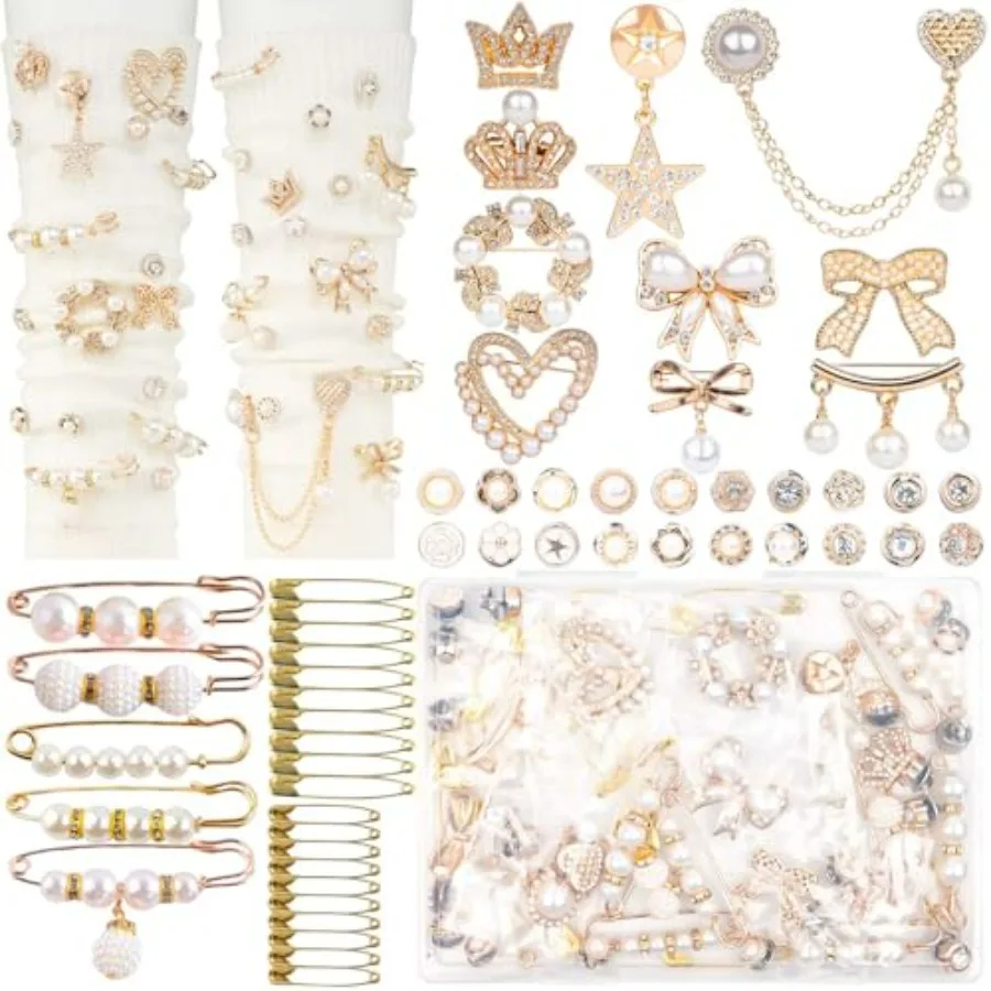 

60 Pcs Junk Socks Charms Kit, Gold Brooches and Pins for Women, Pearl and Rhinestone Sock Charms with Safety Pins, DIY Accessor