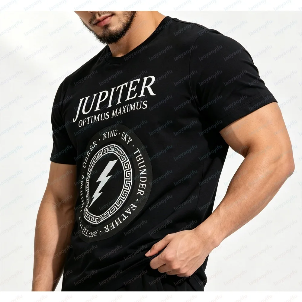 Men Summer Short Sleeve Fashion T Shirt Greek Border Jupiter Lightning Circle Print Crew Neck Vintage Street Style Soft Tee Top