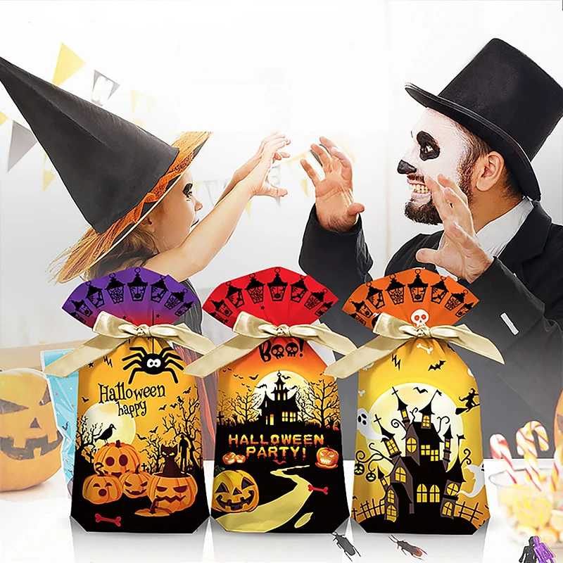 50/100PC Halloween Cellophane Treat Bags Pumpkin Witch Patterned Storage Bags Goodie Bag With Twist Ties For Halloween Favor