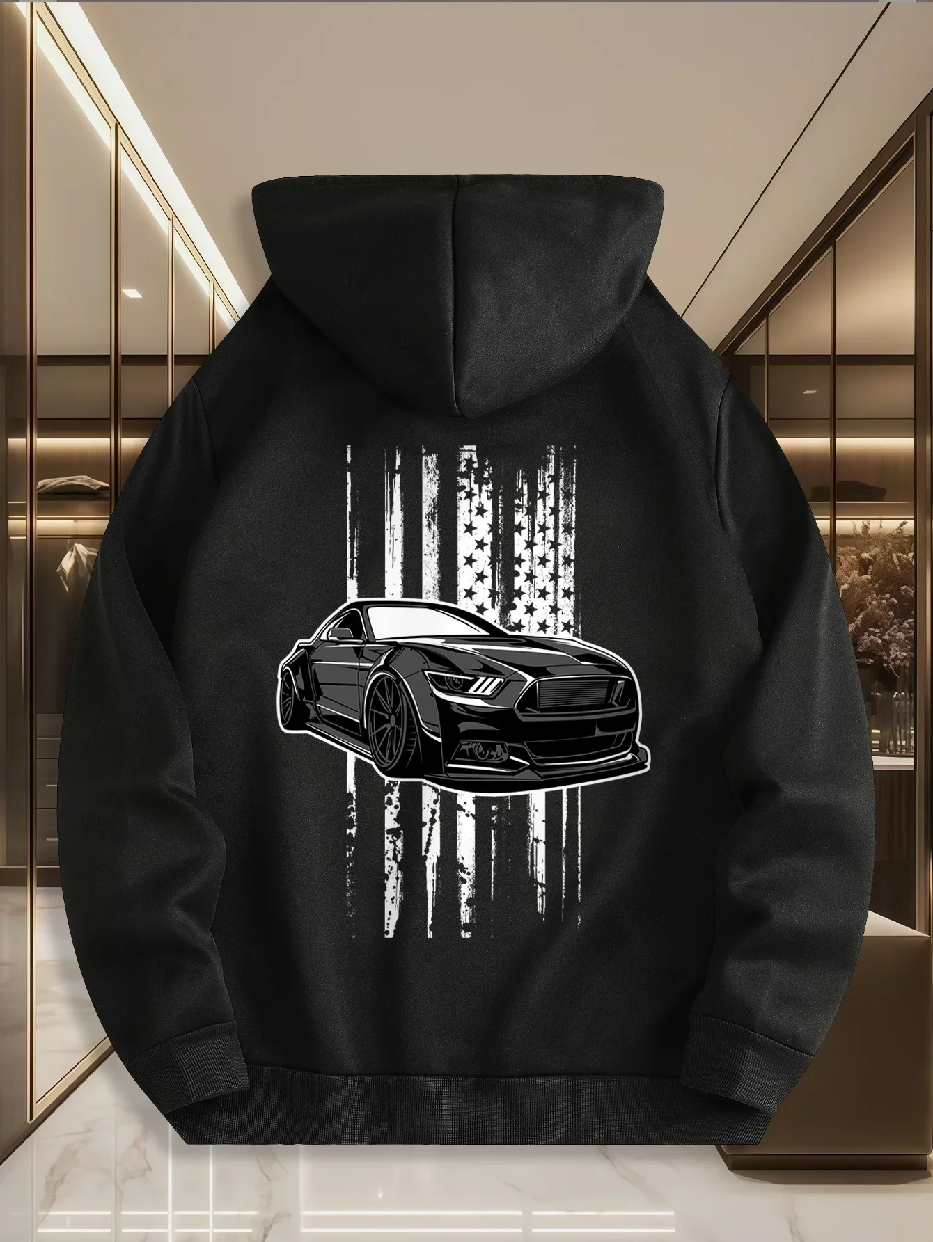 Vintage American Muscle Car With Distressed Flag Graphic Hoodie Men Women Street Back Print Loose Sweatshirt