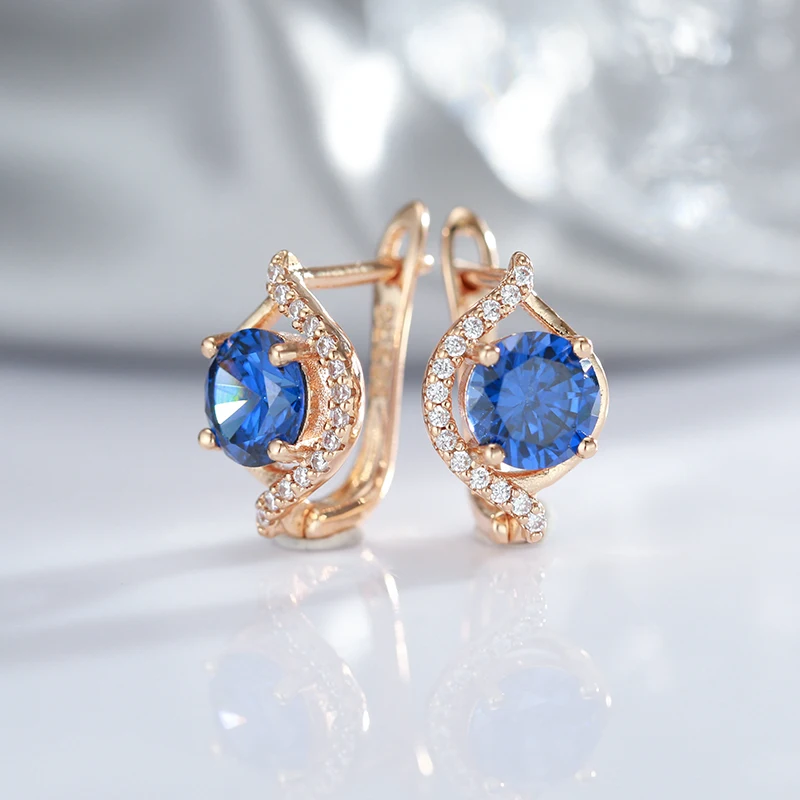 Luxury Oval Geometric Blue Zircon Clip Earrings For Women 585 Rose Gold Fashion Earrings Party Daily Wear Personality Jewelry