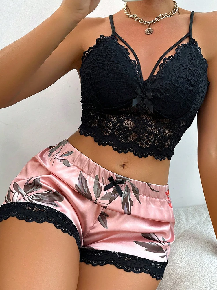 Women Pajama Suit Fashion V-Neck Sexy Lace Suspender Sleepwear Shorts Two Piece Set Summer Nightgown Loungewear 2024 New