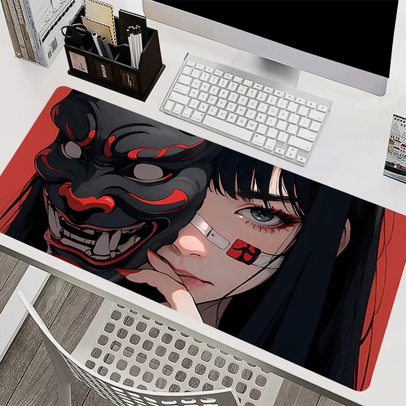 Anime Mouse Pad Gamer Keyboard Desk Large Extended Mouse Mat Lock Edge Carpet Laptop Gaming Accessories Devil Oni Mask Mousepads