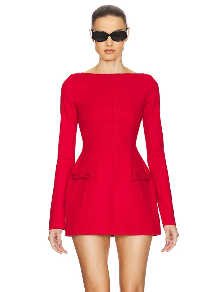 Sexy Long Sleeve Bow Design A-line Dress Women Red Black Double Bownot High Waist Mini Dresses Elegant Party Cocktail Club Gowns