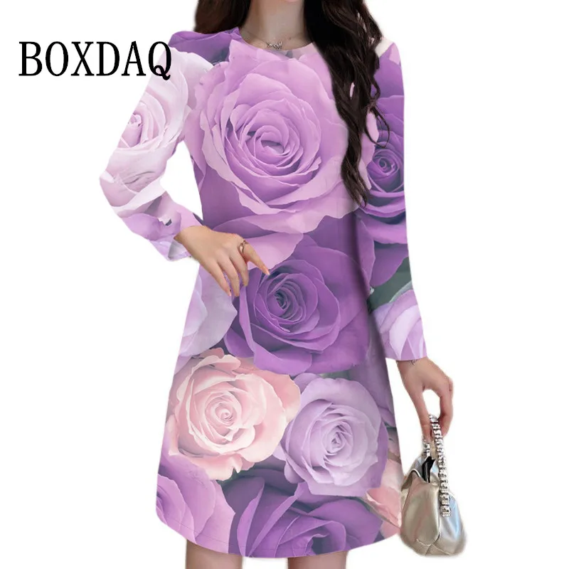 New Rose Dresses Valentine Women Clothing Oversized Long Sleeve Loose Casual Dress Flowers 3D Printing Evening Party Mini Dress