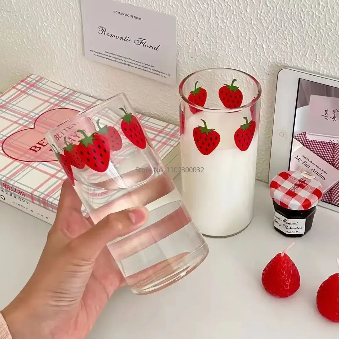 260/360ml Strawberry Cute Glass Cup without Straw Creative Transparent Water Cup Student Milk Heat Resistant Glass Nana