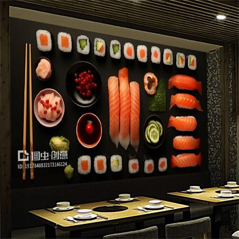 

Custom Japanese Cuisine Salmon Black Background Mural Wallpaper for Sushi Restaurant Snack Bar Industrial Decor Wall Paper 3D