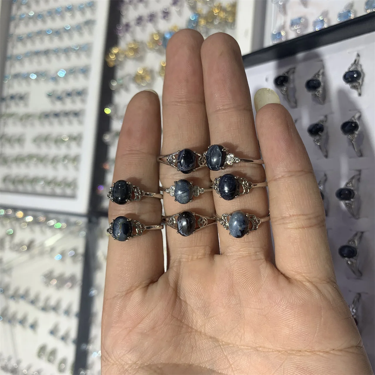 20pcs/lot Jewellery joyas feminina  gemstones rings Tibetan Hmong silver inlaid blue patterned pietersite ring Finger loops Gift