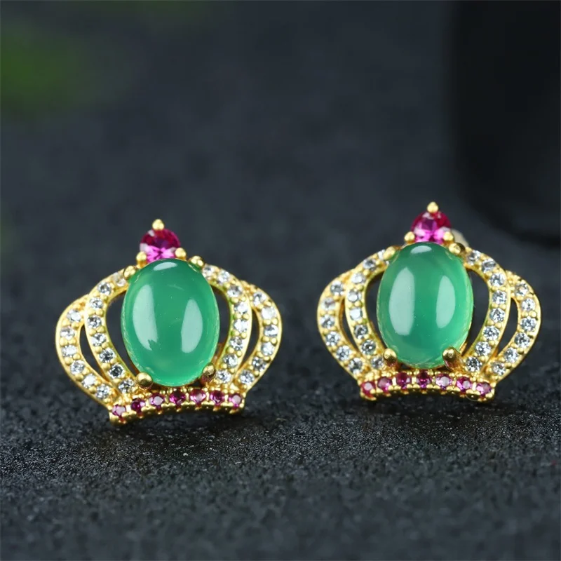 Hot Selling Natural Hand-carved Jade Crown 24k Inlay Ancient Method  Earrings Studs Fashion Jewelry Accessories Women Gifts1