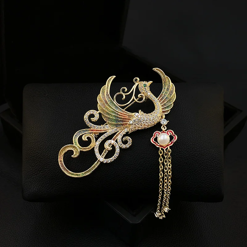 Phoenix Tassel Brooch Luxury Women Suit Accessories Bird Animal Pin Fixed Decoration Fine Design Coat Corsage Jewelry Gifts 5131