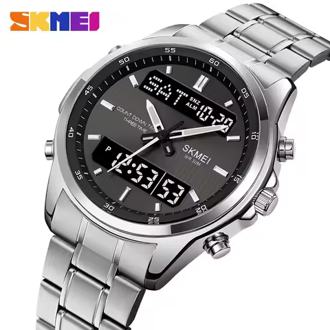 SKMEI 2049 Sport Quartz Digital Business Watches Stainless Steel Wristwatch Men's Waterproof LED Electronic Relogio Masculino