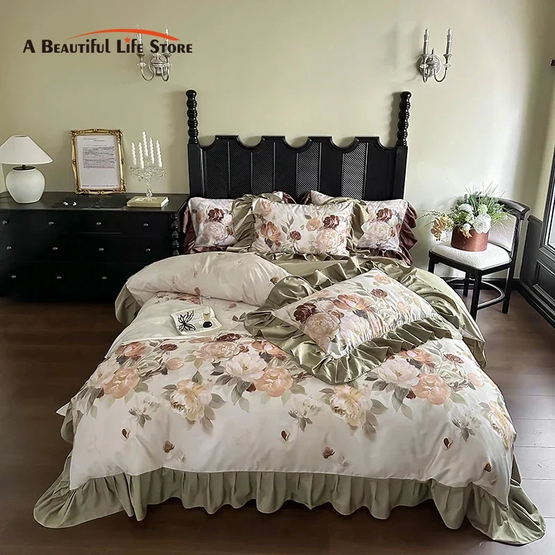 French Vintage Style Ruffles Bed Skirt Style Egyptian Cotton Bedding Set Flowers Prints Duvet Cover Set Bed Sheet Pillowcases