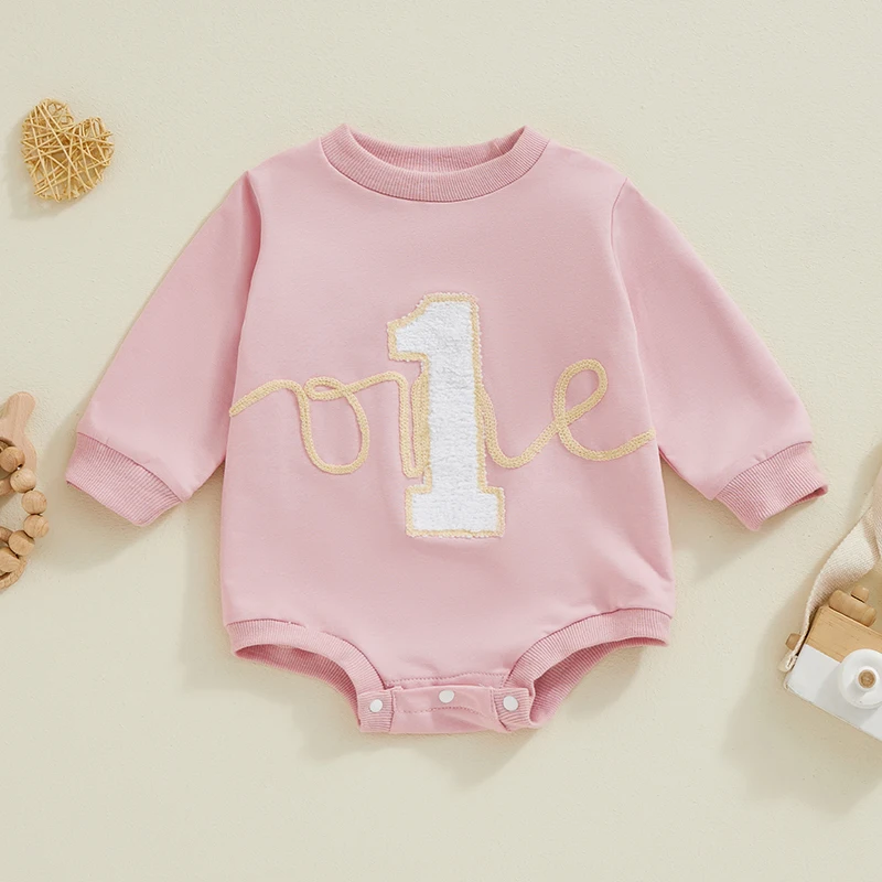 Baby First Birthday Romper, Long Sleeve Crew Neck Letters Fall Bodysuit Clothes for Girls Boys