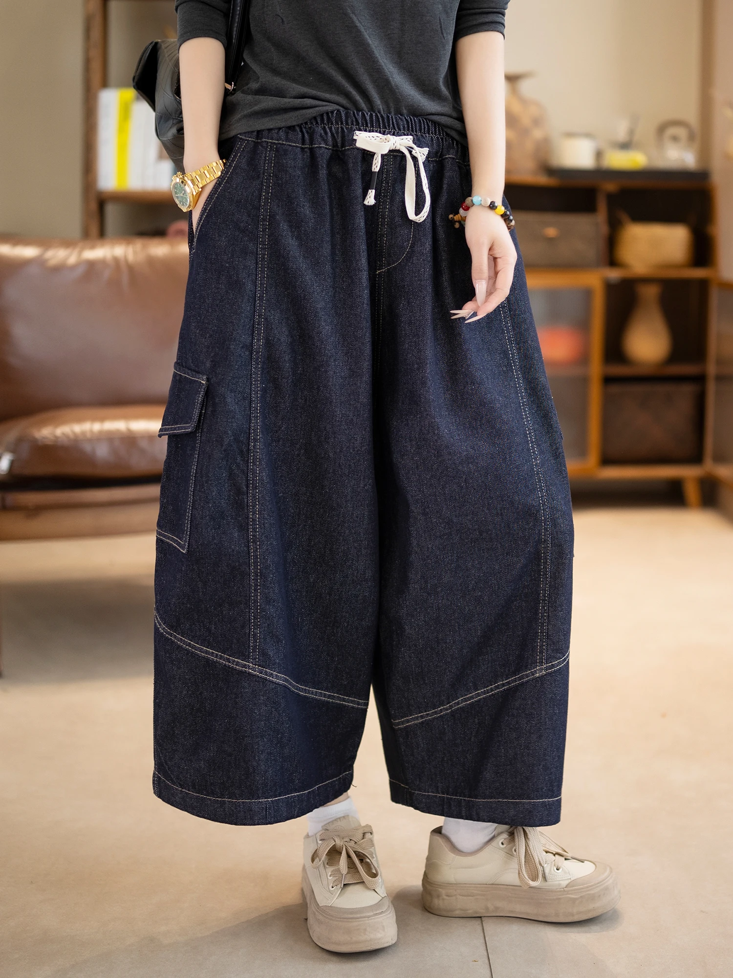 

Cyu Retro Spliced Denim Jeans High Waist Loose Fit Slimming Elastic Waist Corduroy Casual Straight Seven-Foot Pants
