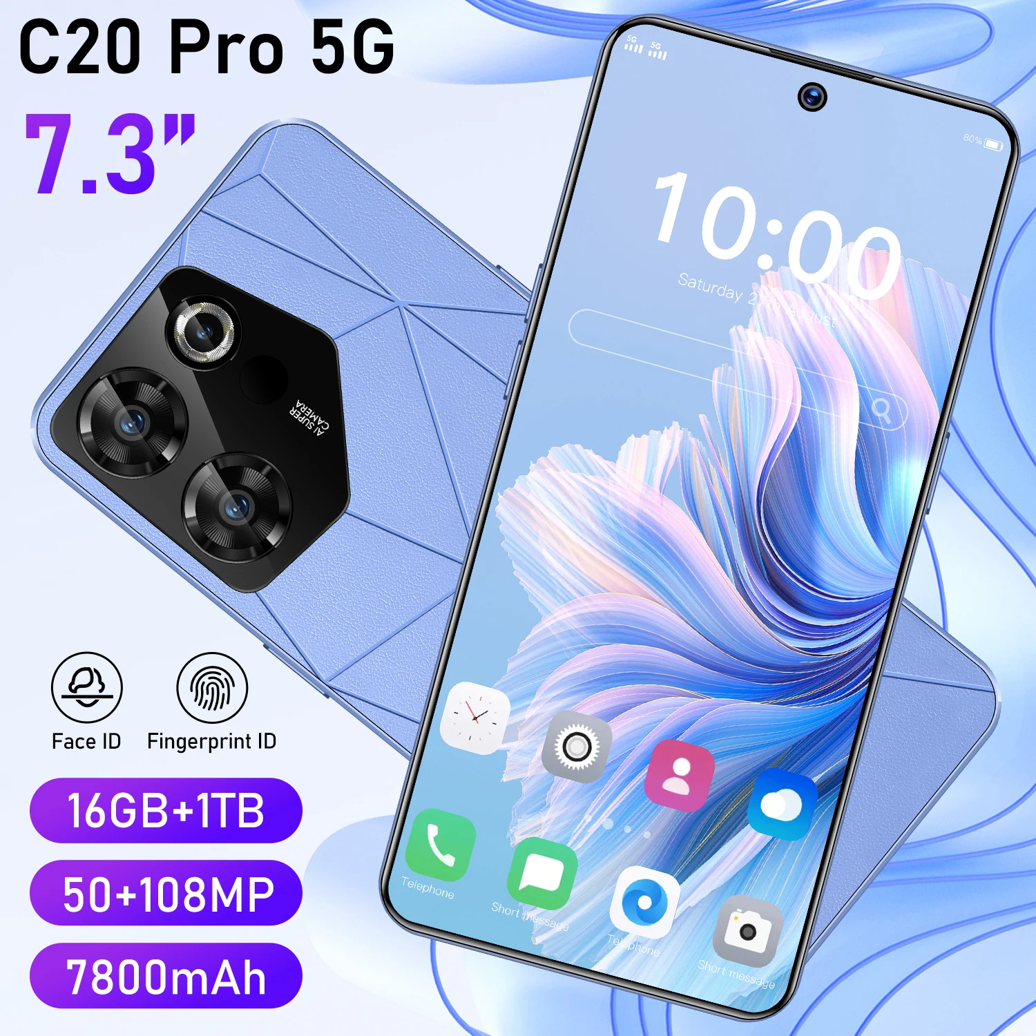 Global Version C20 Pro 5G Smartphone Android 7.3-inch 16GB +1TB Dual SIM 7800mAh 50+108MP Camera Original Mobile phones