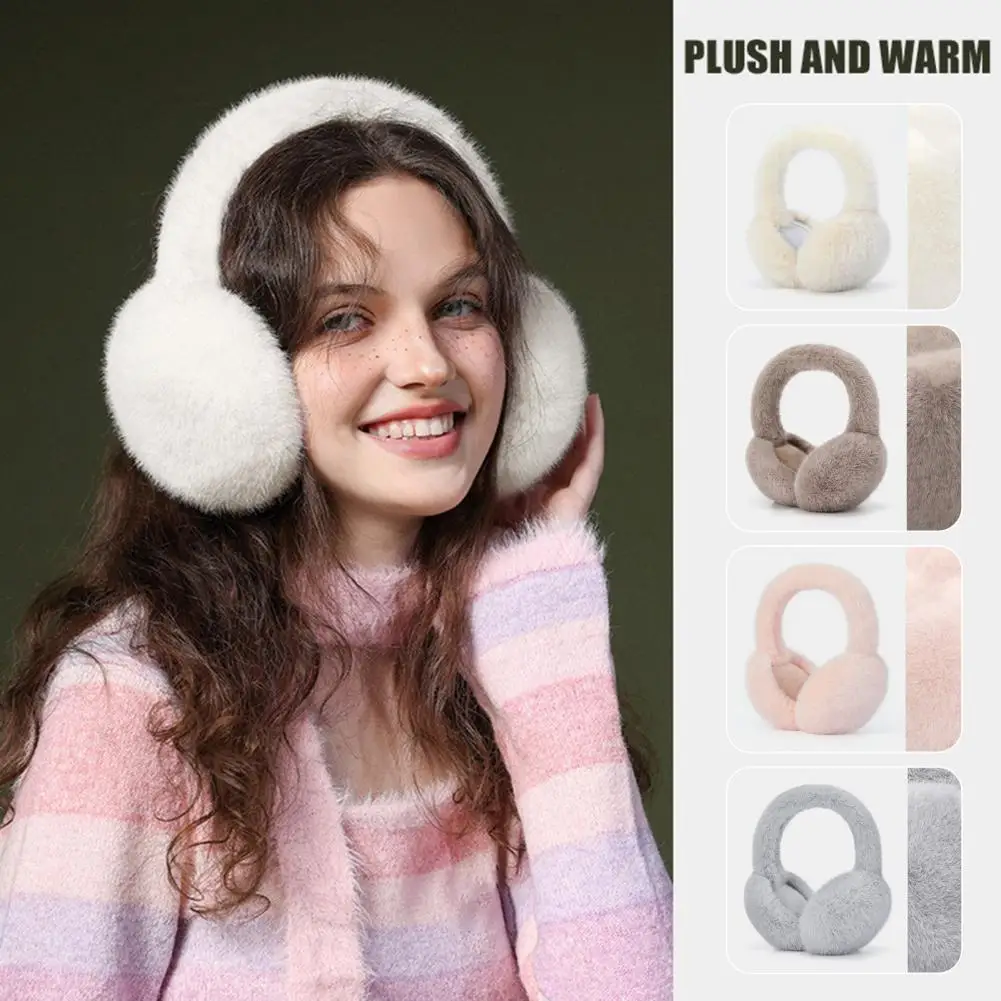 Earmuffs de pele de coelho para mulheres, Earmuffs monocromáticos, Earmuffs quentes bonitos, aquecedor de ouvido ao ar livre, dobrável, peludo, inverno