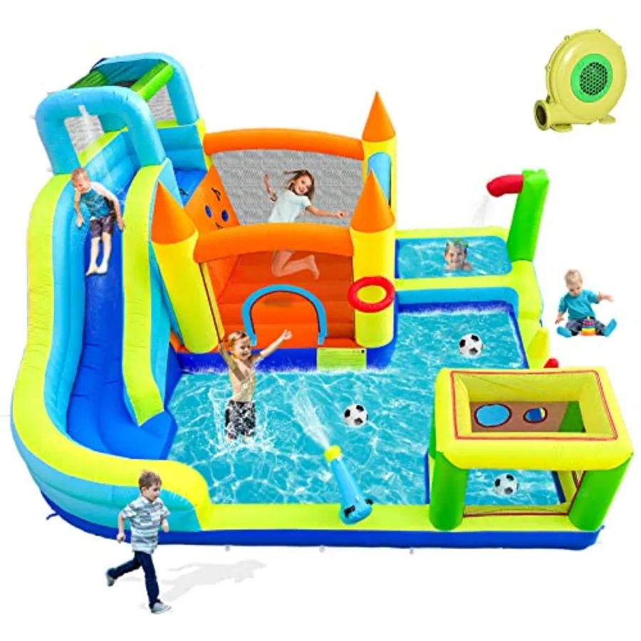 

Outdoor backyard inflatable water slide park for kids: PVC material, blue and yellow, includes splash pool, climbing wall, boun